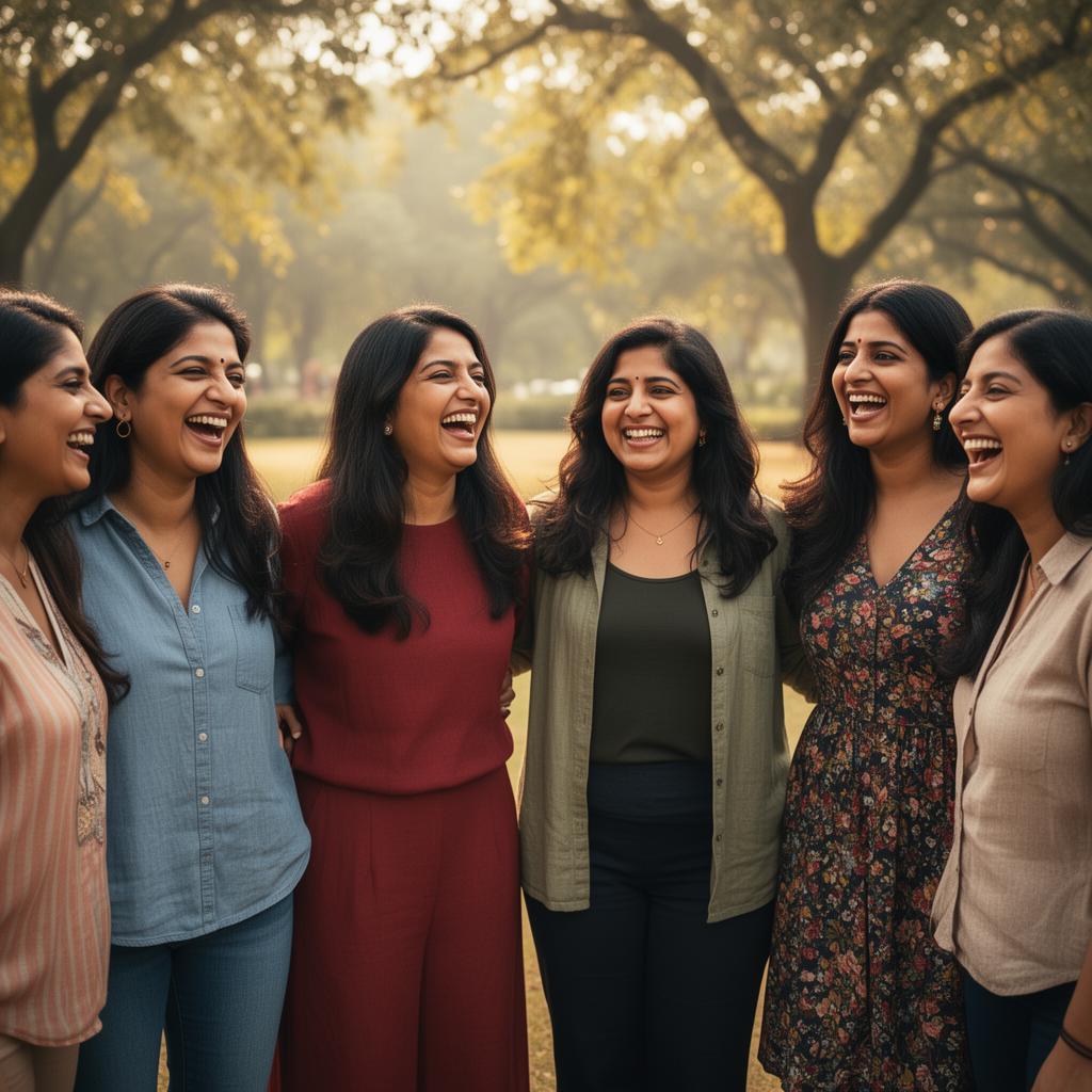 A vibrant group of women laughing, painting, cycling and dancing together