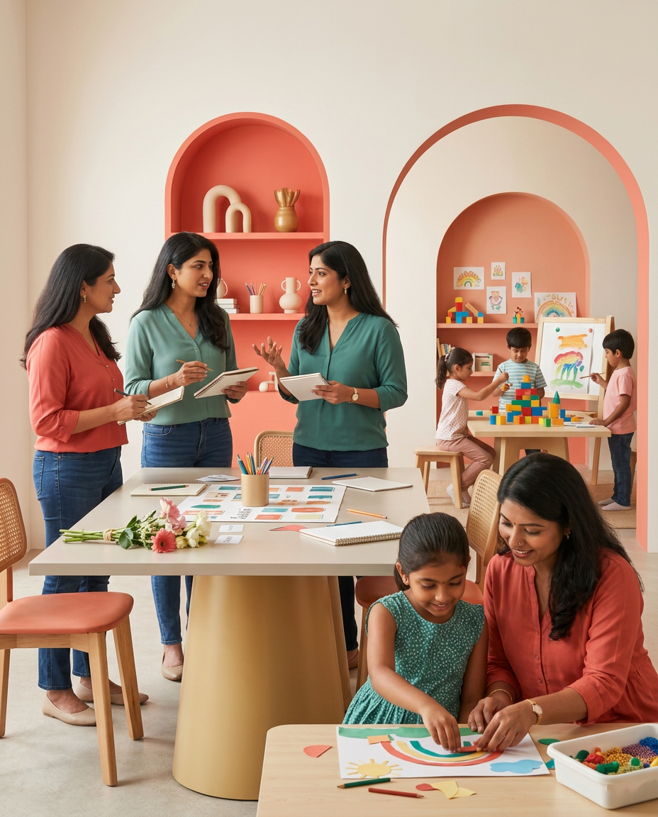 Mothers networking while children enjoy creative activities